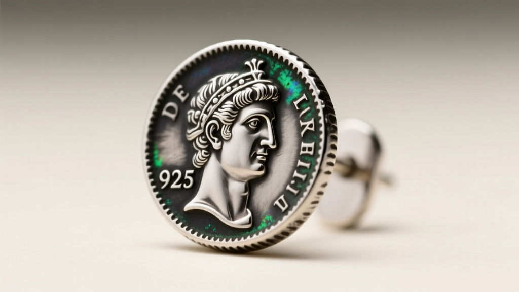 Macro shot of a sterling silver Roman emperor coin earring showing a clear 925 hallmark stamp and textured oxidized edges.