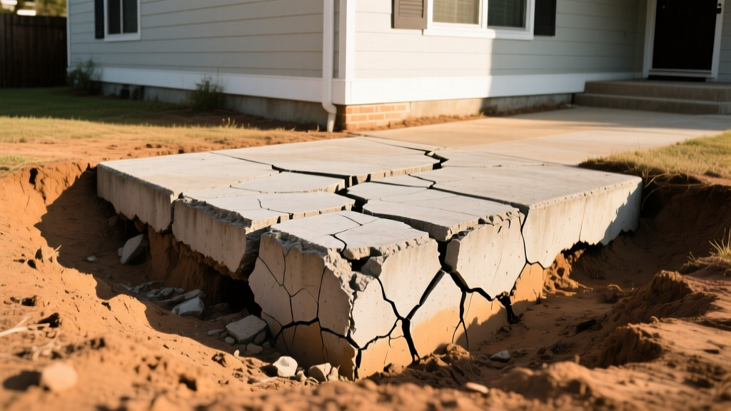 Close-up of cracked concrete slab foundation in Houston backyard with expansive dry clay soil pulling away from the home exterior