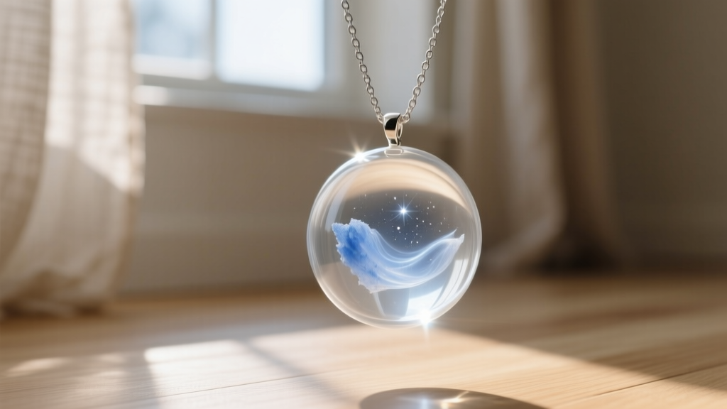 Borosilicate glass cremation orb pendant with blue ash inclusions hanging on a delicate steel chain under warm afternoon sunlight.
