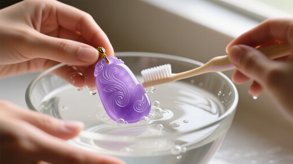 Hands washing a purple jade pendant in a glass bowl of distilled water and mild soap, using a soft-bristled baby toothbrush.