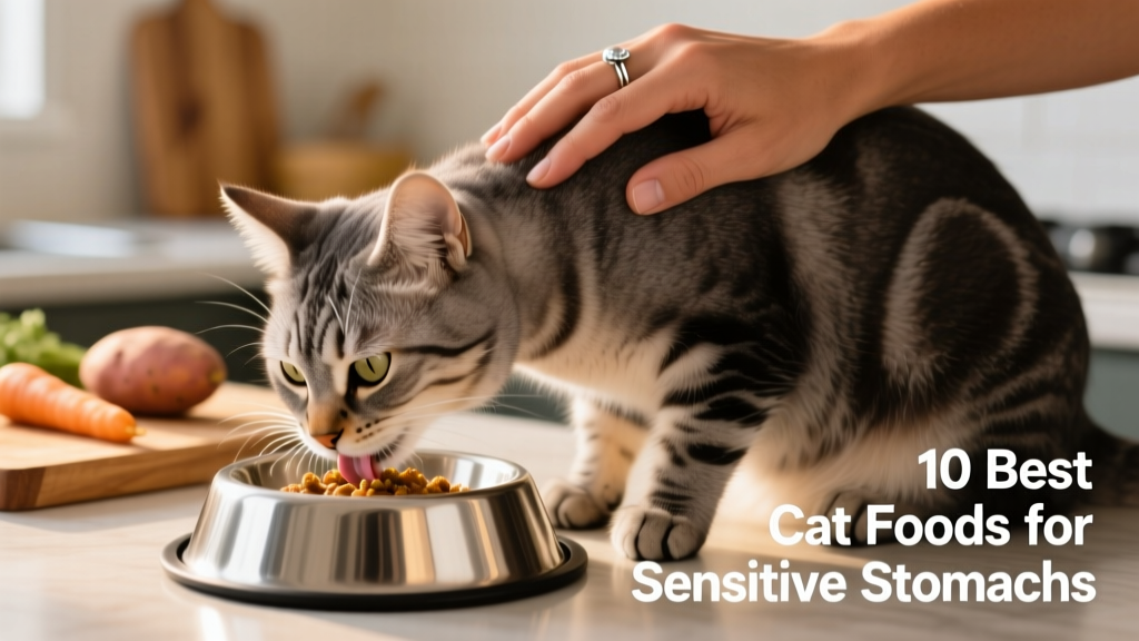 A close-up of a cat eating from a stainless steel bowl, with a human hand gently petting their back