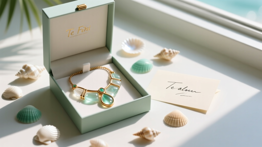 Open gift box displaying an artisan resin and brass Te Fiti necklace, surrounded by small seashells and a handwritten gift note.