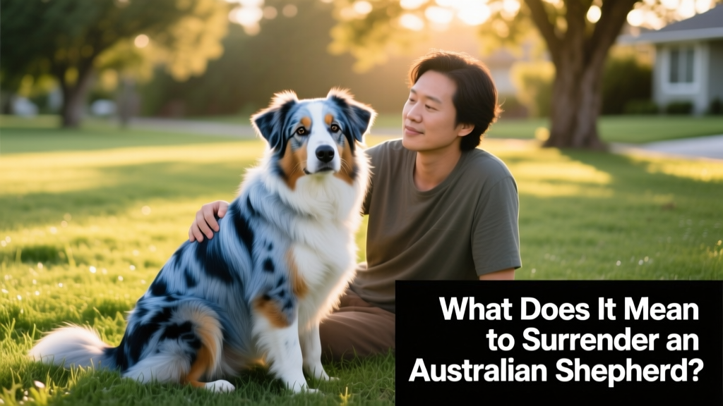 A calm Australian Shepherd sitting beside a person on a grassy lawn, looking attentive and well-cared-for