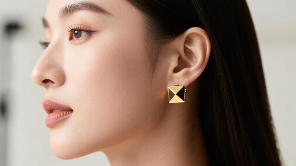 Profile of a woman wearing a 6mm gold vermeil dice earring on her helix, showing the lightweight fit and subtle metallic sparkle