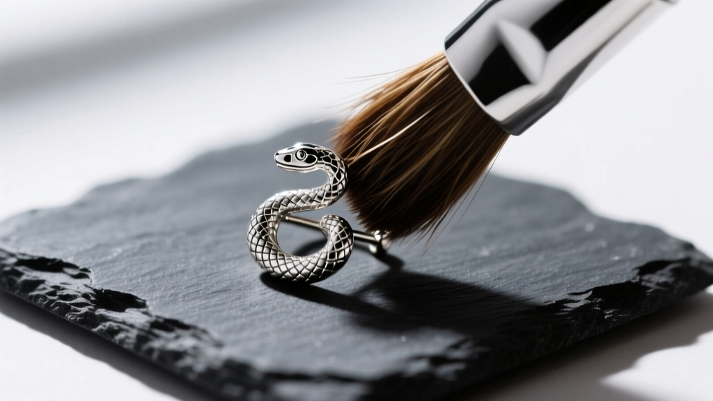 Horsehair brush cleaning scale crevices of a silver snake stud earring resting on a dark slate jewelry mat under bright light