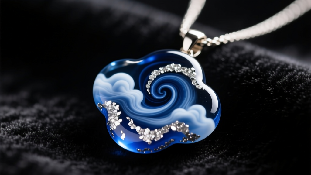 Macro shot of a deep aether aercloud necklace pendant featuring swirling indigo resin and silver flakes against dark velvet.
