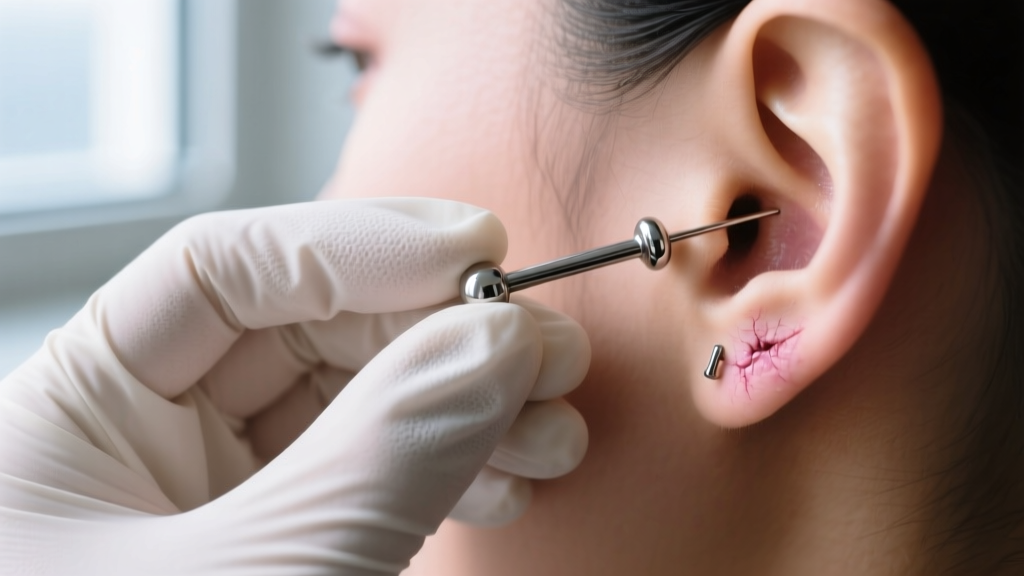 Close-up of gloved hands holding a 16-gauge implant-grade titanium labret stud next to a healed helix cartilage piercing.