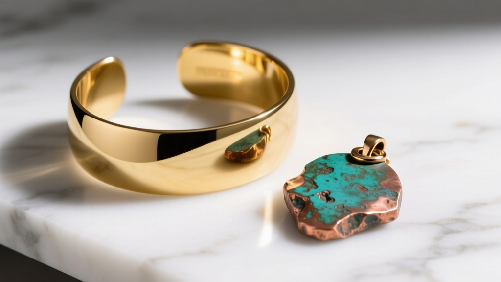 Polished 14k yellow gold cuff bracelet resting next to a raw copper pendant, showcasing contrasting metal luster and natural patina.