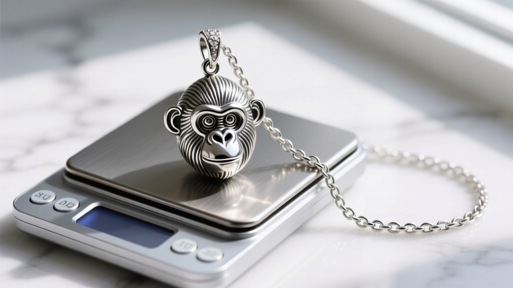 Ape pendant beside a sterling silver chain, showing differences in prong settings and metal weight on a digital jewelry scale.