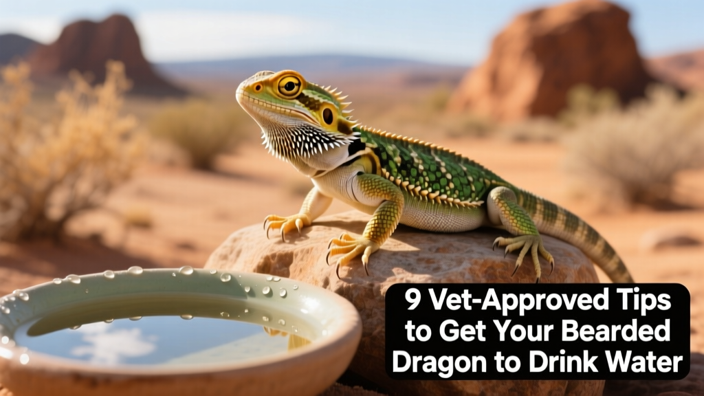 A healthy adult bearded dragon perched on a rock near a shallow water dish