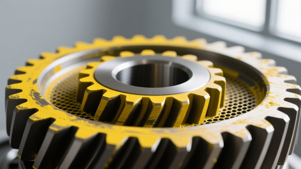Close-up photograph of ring and pinion gear teeth coated in yellow marking compound showing a correct centered contact pattern