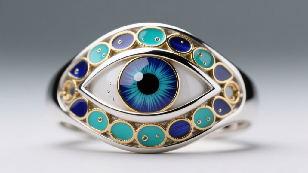 Macro photography of a sterling silver eye ring showing intricate champlevé enamel work in turquoise and lapis lazuli shades.