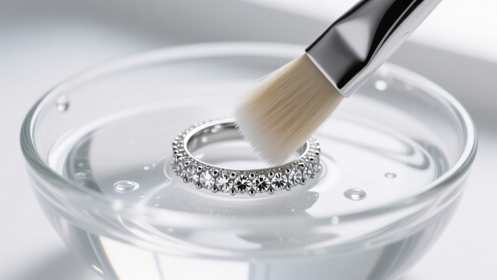 Soft natural-bristle brush gently cleaning a platinum pavé diamond band in a glass bowl of distilled water and mild soap solution