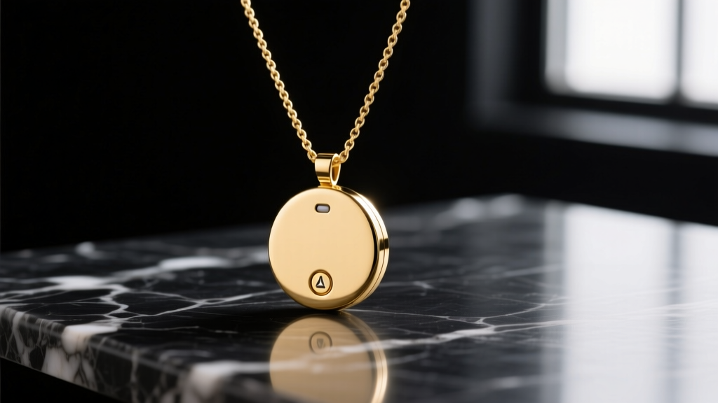 Gold-plated Invisawear safety necklace on dark marble, showing the discreet emergency button on the back of the round pendant.