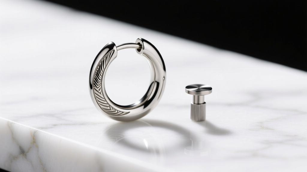 Close-up of an 18g titanium endless huggie wire and a clicker post on white marble, sharp focus and bright lighting.