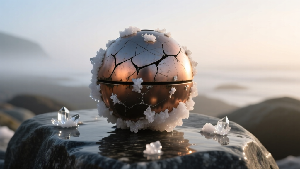 A battered Deeper Pro+ 2 sonar sphere covered in dried salt crystals and deep scratches, resting on a wet granite rock at dawn.