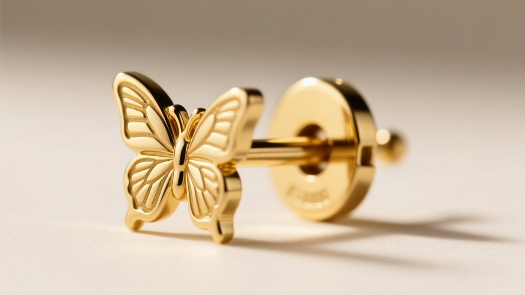 Macro shot of a gold earring post sliding into a stamped butterfly friction clutch back under bright studio lighting.