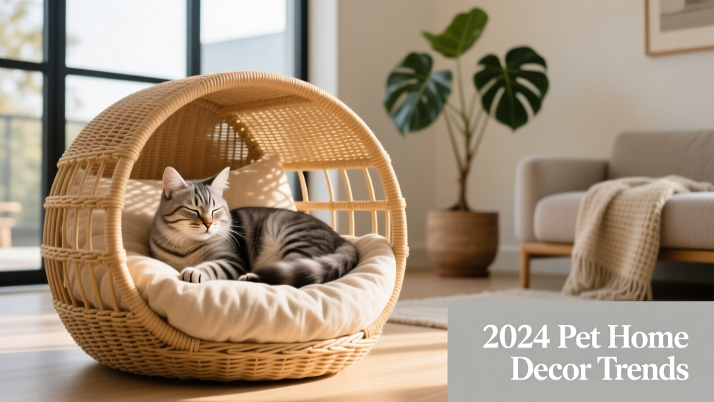 Close-up of a wicker cat condo with soft beige bedding and a cat resting inside