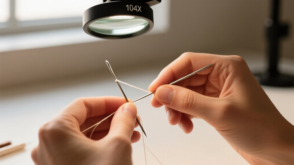 Hands using a fine 0.4mm beading needle and a 10x jeweler