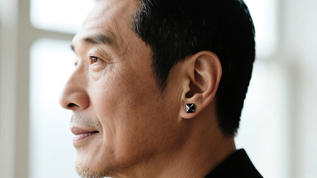 Side profile of a man wearing a small black tungsten carbide stud earring, sharp focus on the earring and earlobe with soft blur.