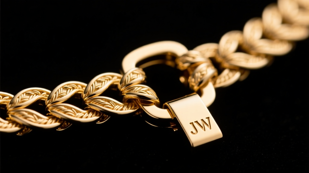 Close-up of modular Jane Wynn necklace bayonet clasp mechanism highlighting precision 18k gold threading and subtle JW hallmark.