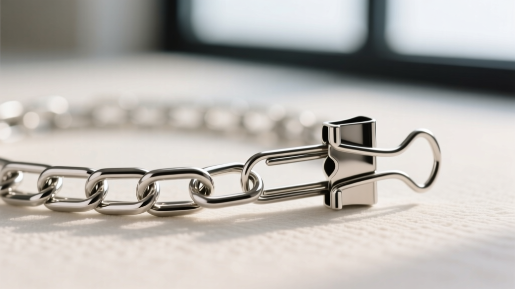 Macro shot of an 18-gauge sterling silver paperclip chain showing precise soldered link joints and a secure lobster clasp.