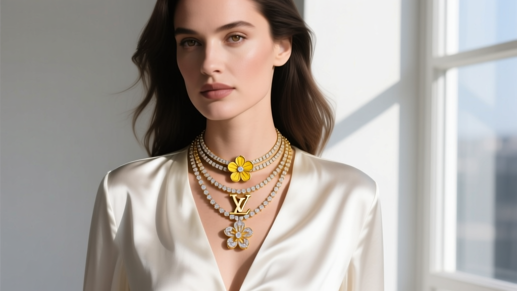Close-up portrait of a woman wearing layered Louis Vuitton Monogram Flower and Volt 18k yellow gold diamond necklaces over silk