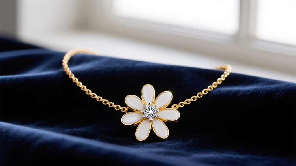 Gold-tone Betsey Johnson daisy necklace with white enamel petals and sparkling rhinestone center resting on dark velvet fabric.
