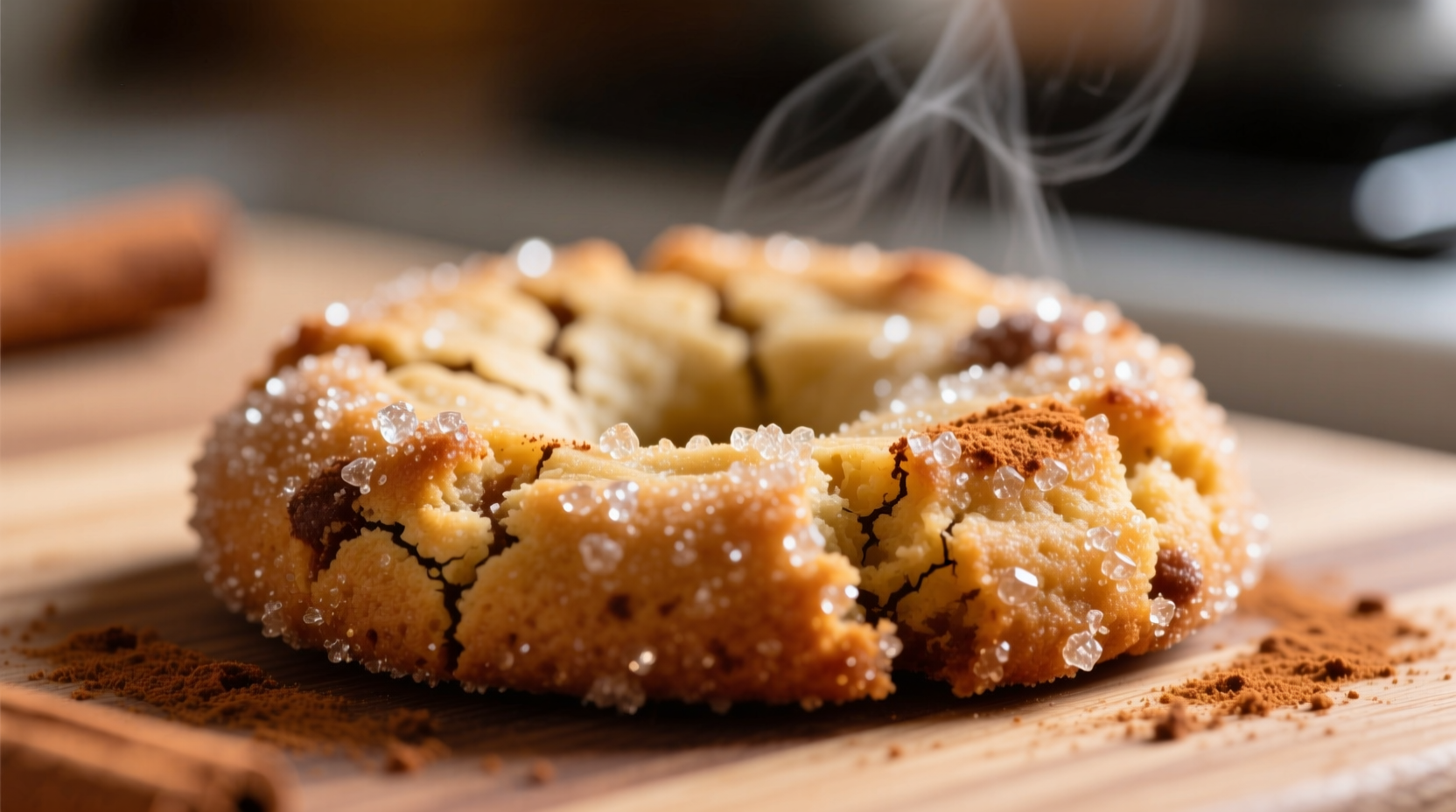 Close-up of snickerdoodle cookie with cinnamon sugar crust
