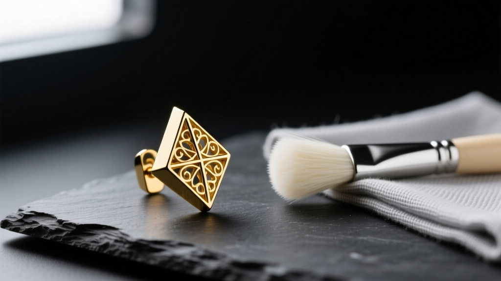 Macro shot of a vintage 1980s mens gold-plated geometric earring on dark slate next to a soft-bristled detailing brush and cloth.