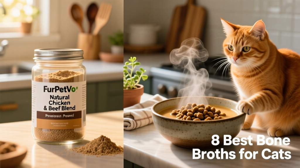 Side-by-side comparison: FurPetVo Bone Broth Powder in its jar and freshly mixed into a bowl of kibble