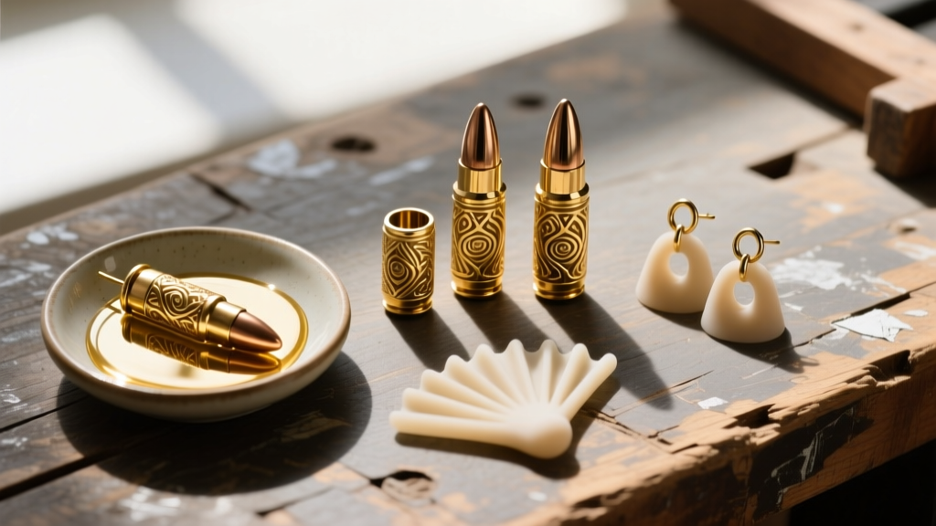 Top-down view of brass bullet jewelry, gold plating liquid, and silicone earring lifters on a scarred wooden workbench.
