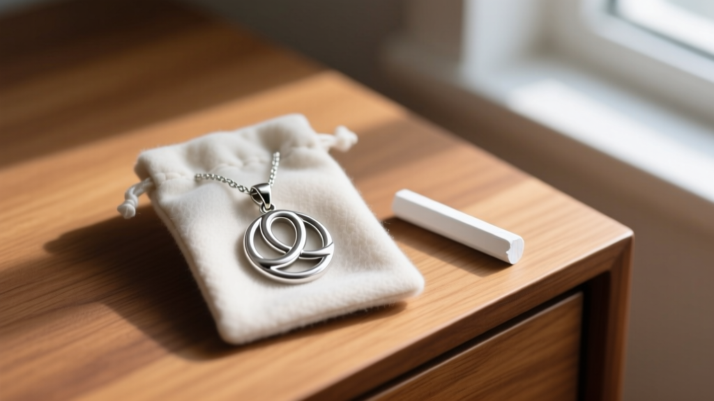 Silver triskelion pendant resting in an anti-tarnish flannel pouch next to a piece of chalk on a well-lit wooden dresser surface.