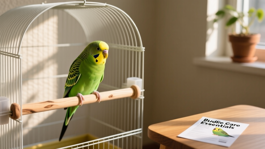 A vibrant green parakeet perched on a natural wood perch inside a clean, spacious cage