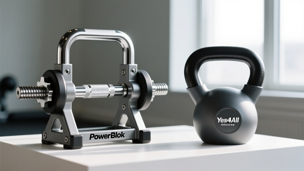 Side-by-side comparison of PowerBlock Sport 24 steel cage and Yes4All threaded adjustable kettlebell handle