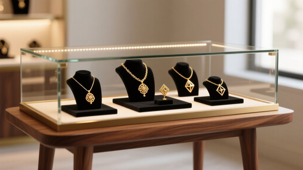 A walnut wood jewelry display table with a glass vitrine top, showcasing gold necklaces under warm LED boutique lighting.