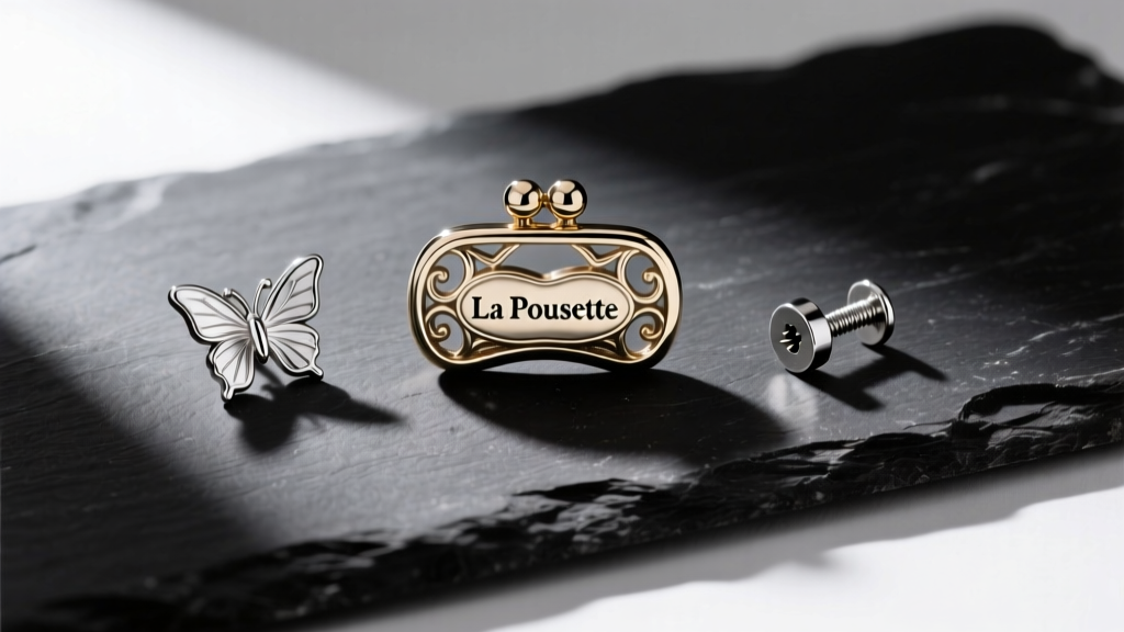 Flat-lay of earring backs: a La pousette clutch, a butterfly back, and a titanium screw-back on a dark slate stone surface.