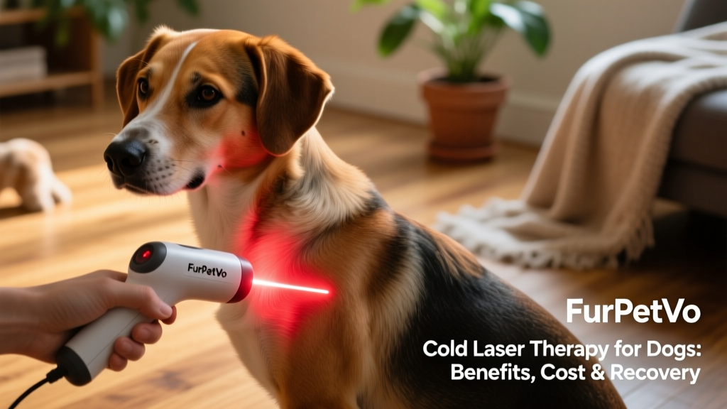 Close-up of a FurPetVo handheld laser device emitting gentle red and near-infrared light on a dog's shoulder joint
