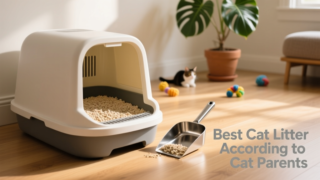 A clean, modern litter box with fresh clumping litter and a scooper nearby
