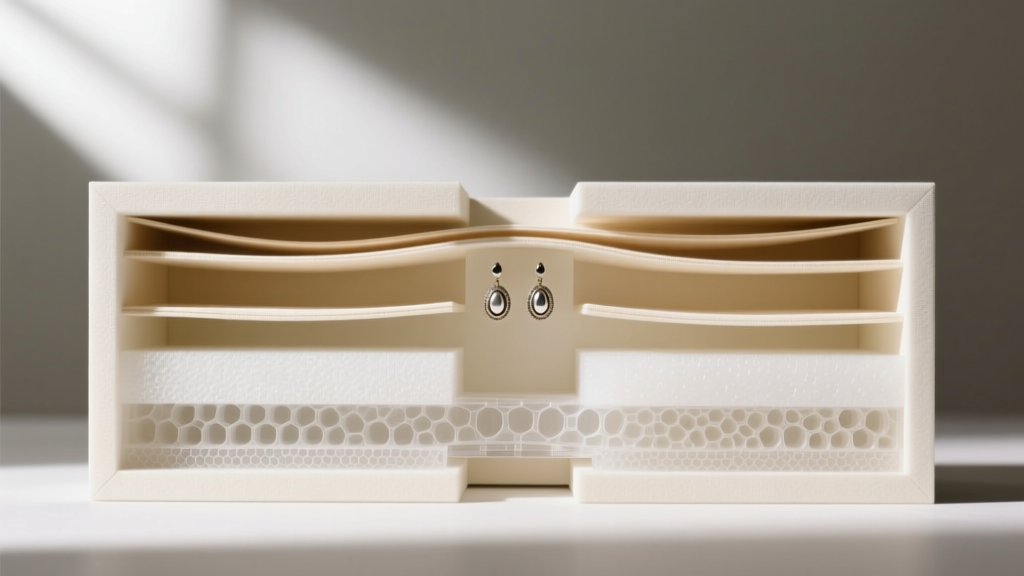 Cross-section photo showing acid-free lining and polyethylene foam layers inside a premium museum-grade earring display holder.