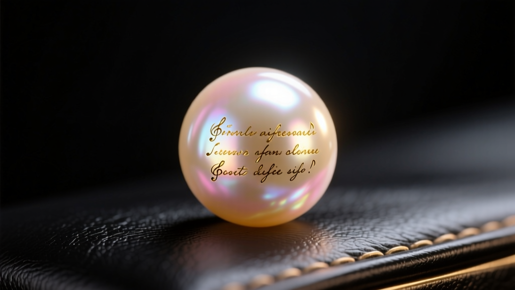Macro shot of a round freshwater pearl engraved with song lyrics, resting on black leather under moody, warm studio lighting.