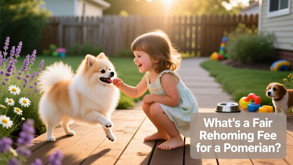 A happy Pomeranian playing gently with a child in a sunlit backyard