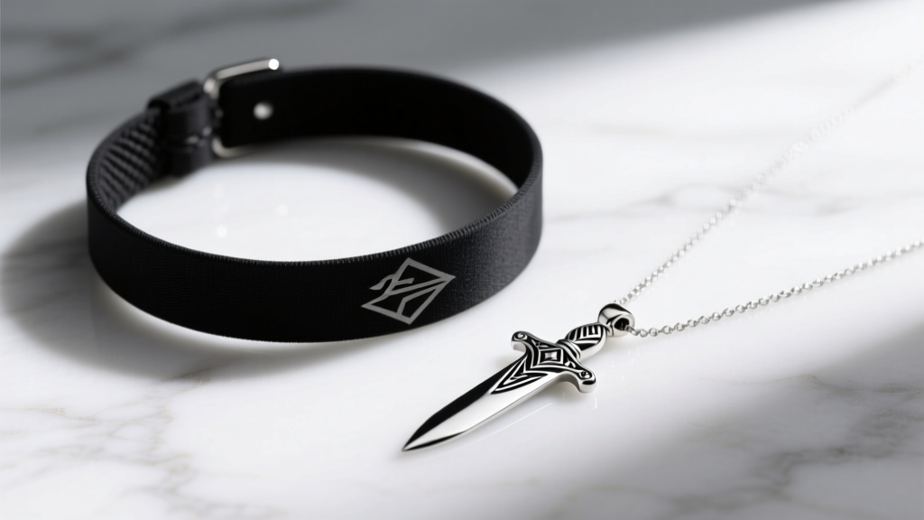 Close-up of a black elastic stretch tattoo choker and a sterling silver dagger pendant necklace resting on a white marble surface.