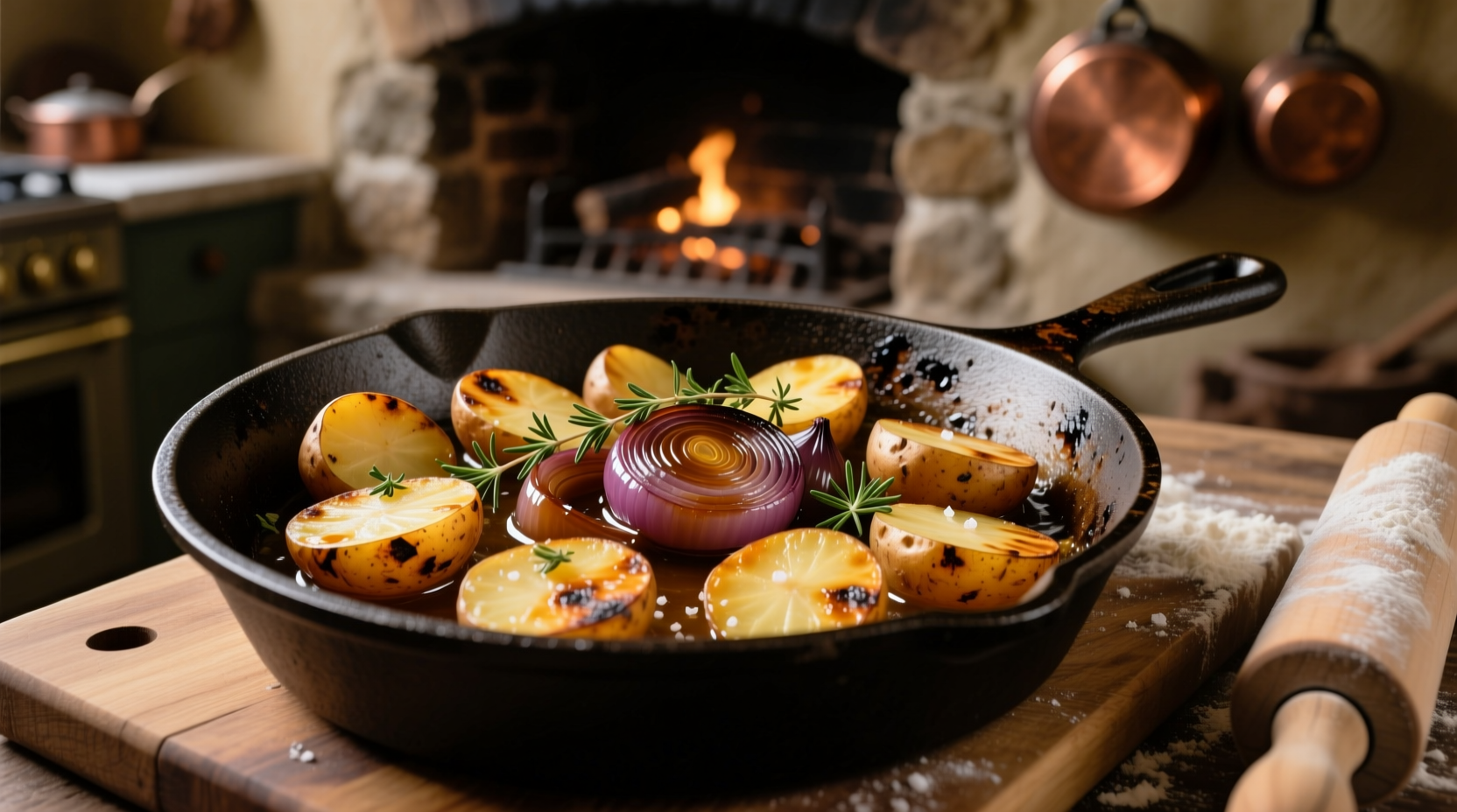 Golden brown potatoes and caramelized onions in cast iron skillet