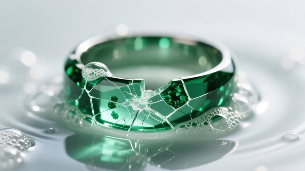 Close-up of a fractured emerald ring in soapy water, showing internal inclusions that ultrasonic waves can easily destroy.