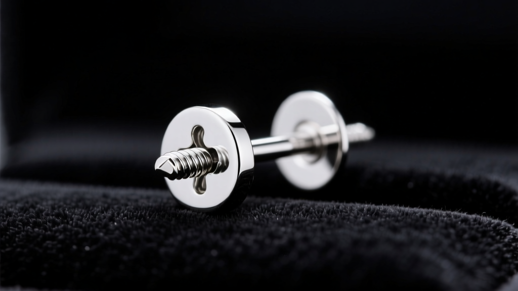 Close-up of a platinum earring post with a threaded screw-back mechanism resting on dark velvet under bright studio light.