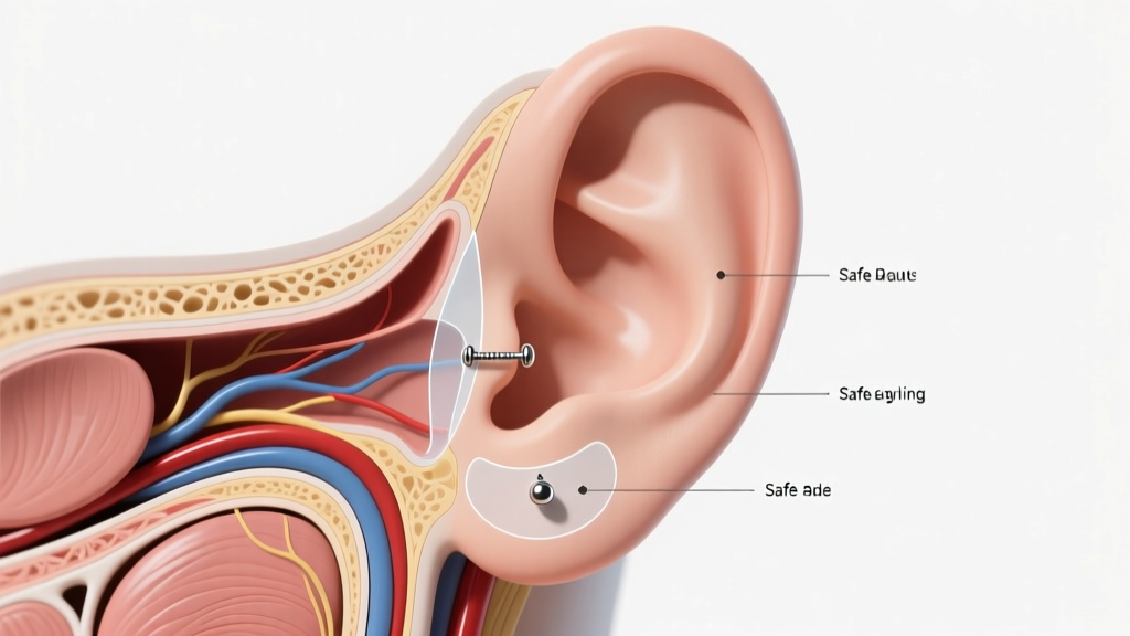 Medical illustration style graphic showing the anatomy of the earlobe and mastoid bone, highlighting safe earring placement zones