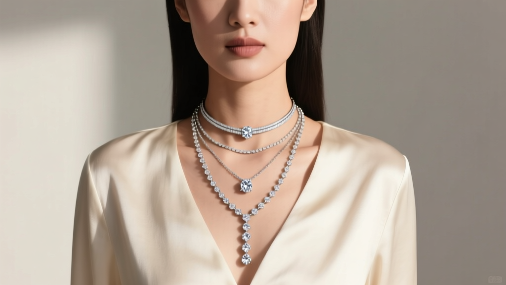 Woman wearing a diamond necklace theme, layering a 14-inch choker, 16-inch solitaire, and 18-inch lariat over a cream silk blouse