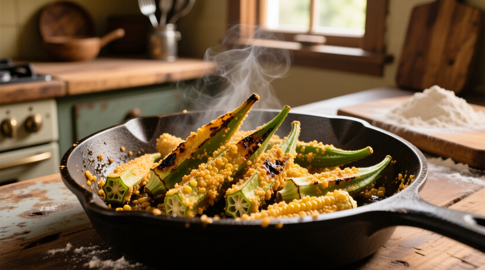 Golden fried okra in cast iron skillet with cornmeal coating