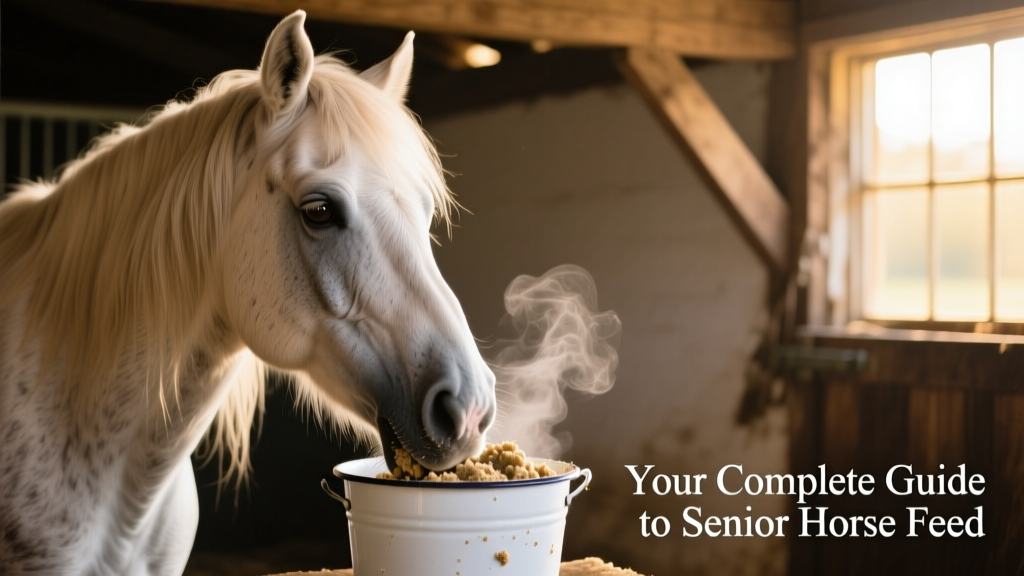 Close-up of a senior horse eating a soft, soaked mash from a clean bucket